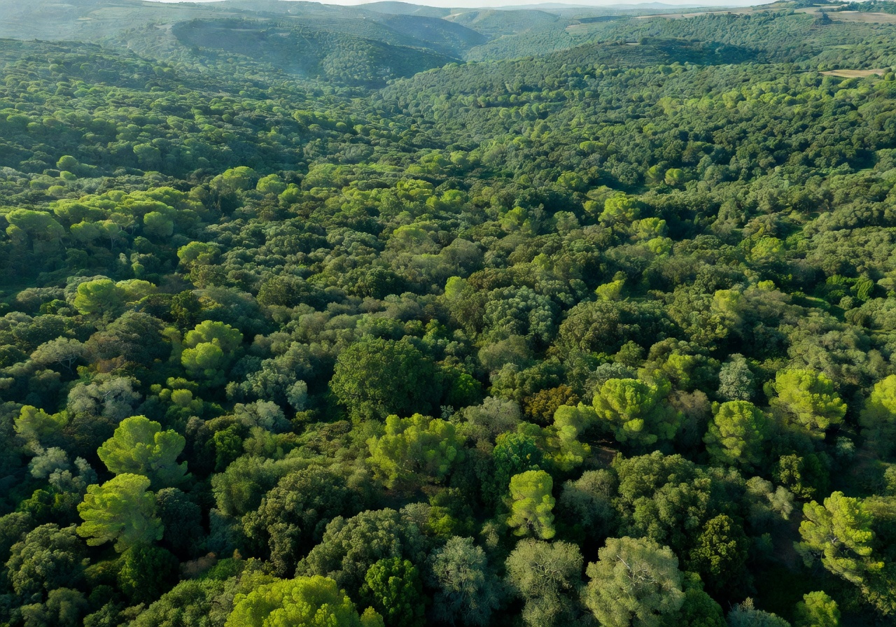 Aerial view of Buskett woodland showing the green canopy stretching across the valley