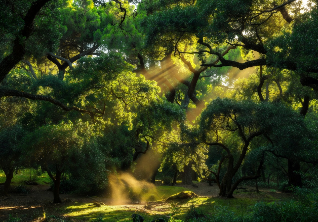 Buskett Gardens dense tree canopy with sunlight rays piercing through the leaves