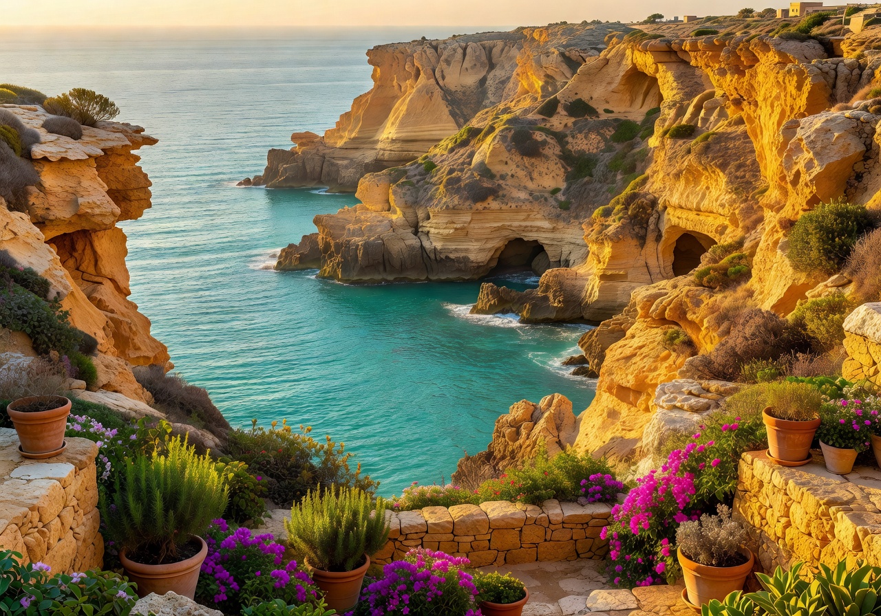 Coastal view near Maltese garden with turquoise sea meeting golden limestone cliffs
