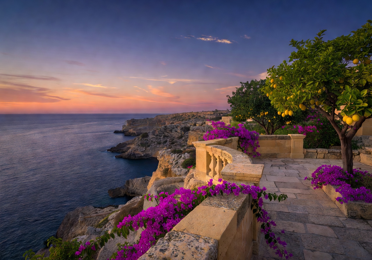 Evening twilight view of Mediterranean coast from a Maltese garden terrace