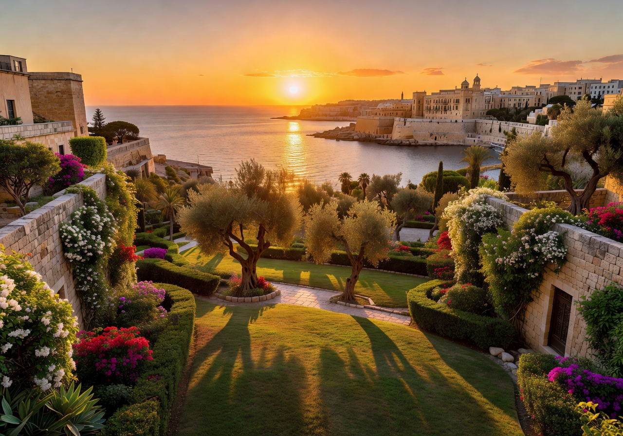 Golden sunset over Mediterranean landscape as seen from Valletta park gardens