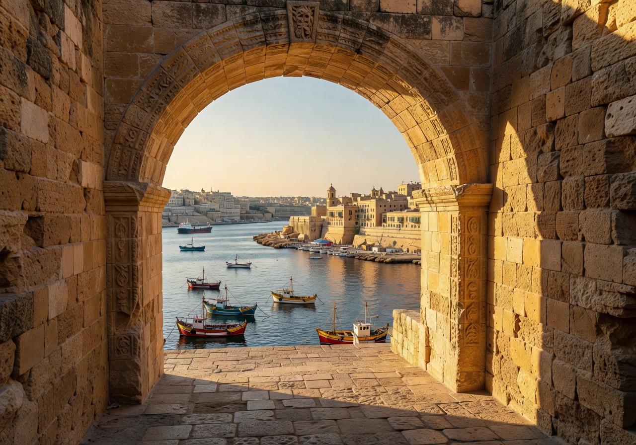 Historic stone archway in Upper Barrakka Gardens framing a view of the harbour