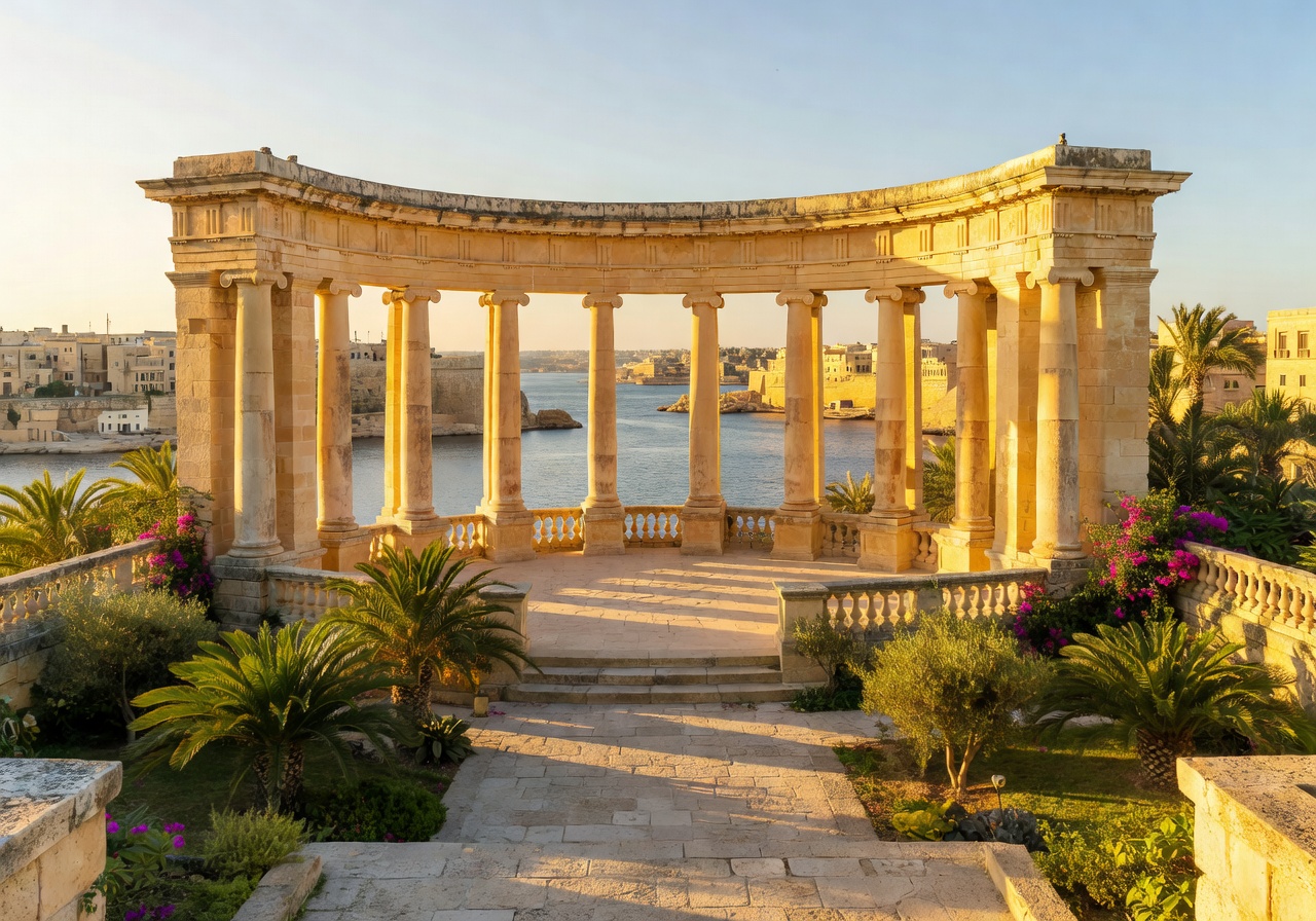 Lower Barrakka Gardens neoclassical monument bathed in golden afternoon light