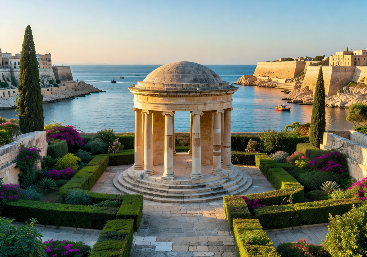 Lower Barrakka Gardens neoclassical temple monument with serene Mediterranean harbor view in Valletta