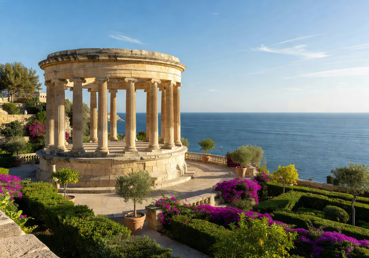 Lower Barrakka Gardens with neoclassical monument and Mediterranean sea views in Valletta