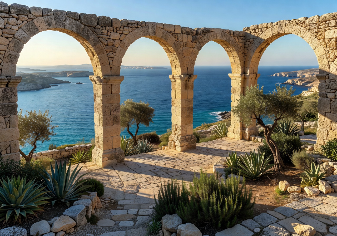 Mediterranean park terrace with historic limestone arches and panoramic sea view in Malta