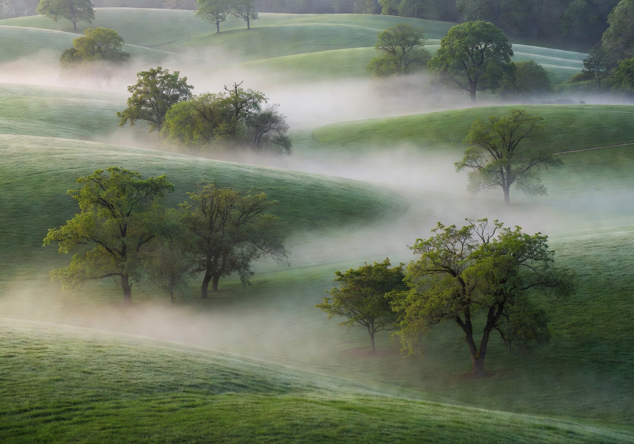 Morning mist rising over green park landscape with gentle rolling terrain