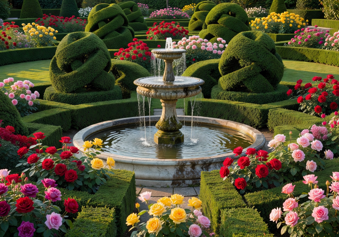 Ornamental garden fountain surrounded by sculpted hedges and colourful blooming roses