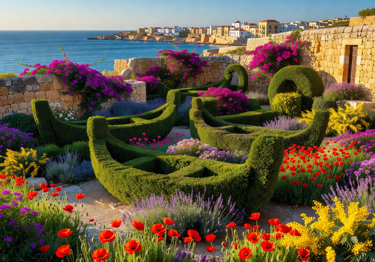 Ornamental garden with sculpted hedges and blooming Mediterranean flowers in Malta