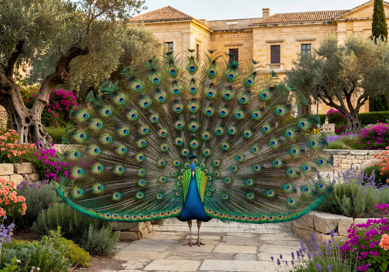 Peacock displaying vibrant feathers at San Anton Gardens presidential estate