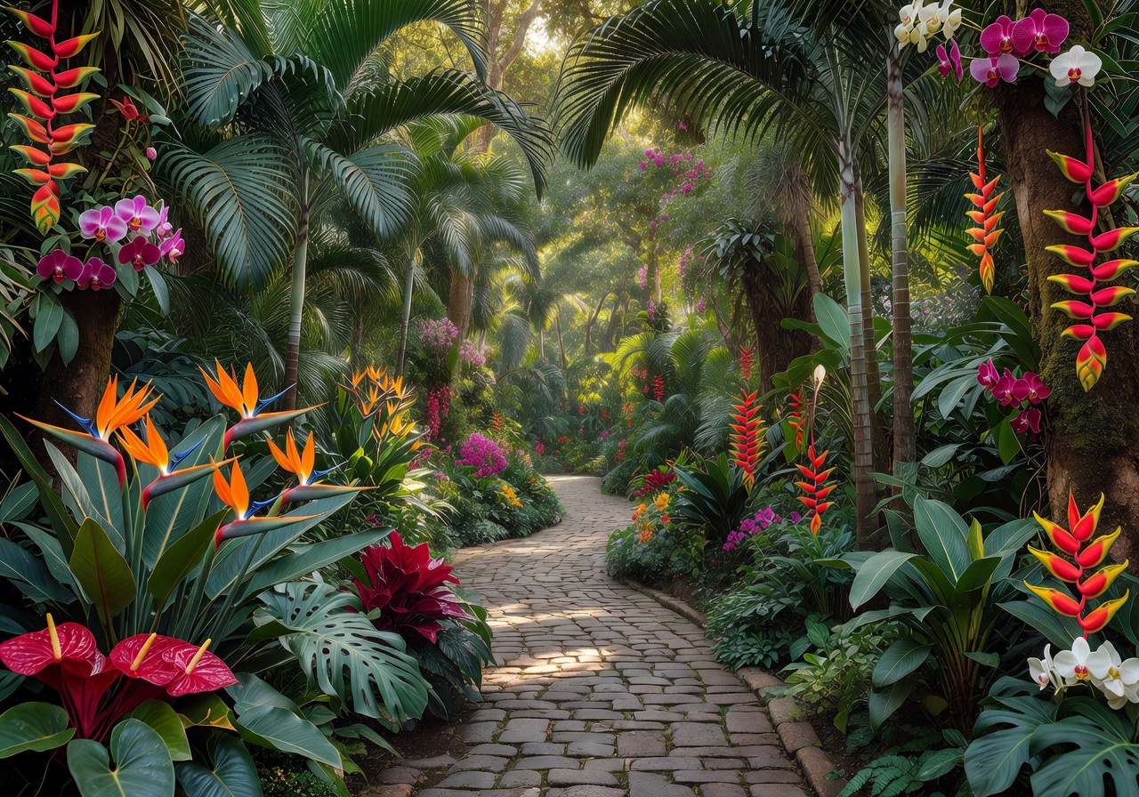San Anton Gardens botanical pathway surrounded by exotic tropical plants and flowers
