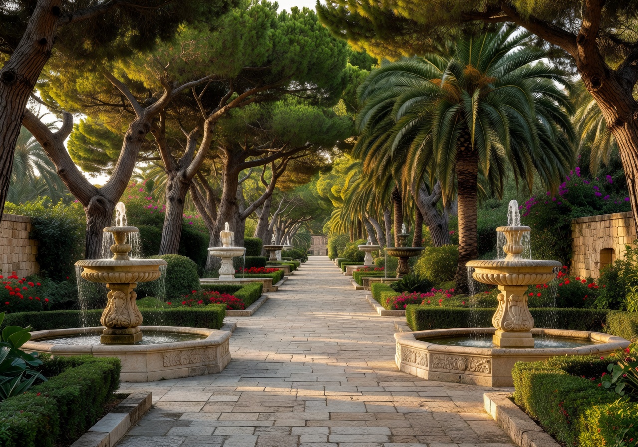 San Anton Gardens serene botanical walkway with mature trees and ornamental fountains in Attard Malta