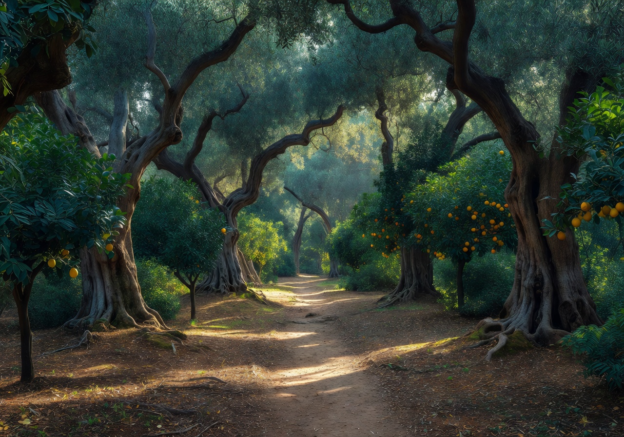 Shaded woodland path in Buskett Gardens with ancient olive and citrus trees