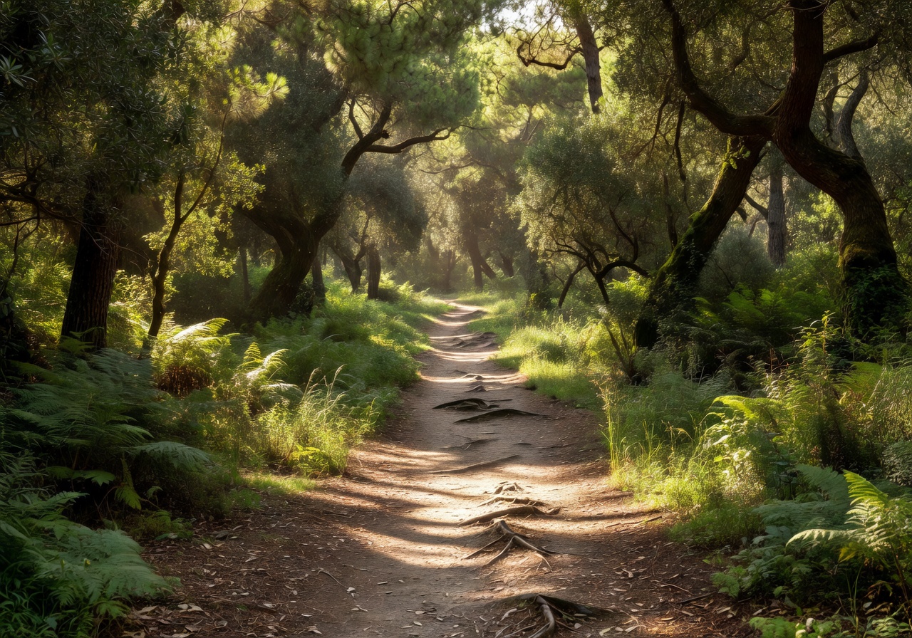 Sunlit forest trail through Buskett Gardens with dappled light on the ground