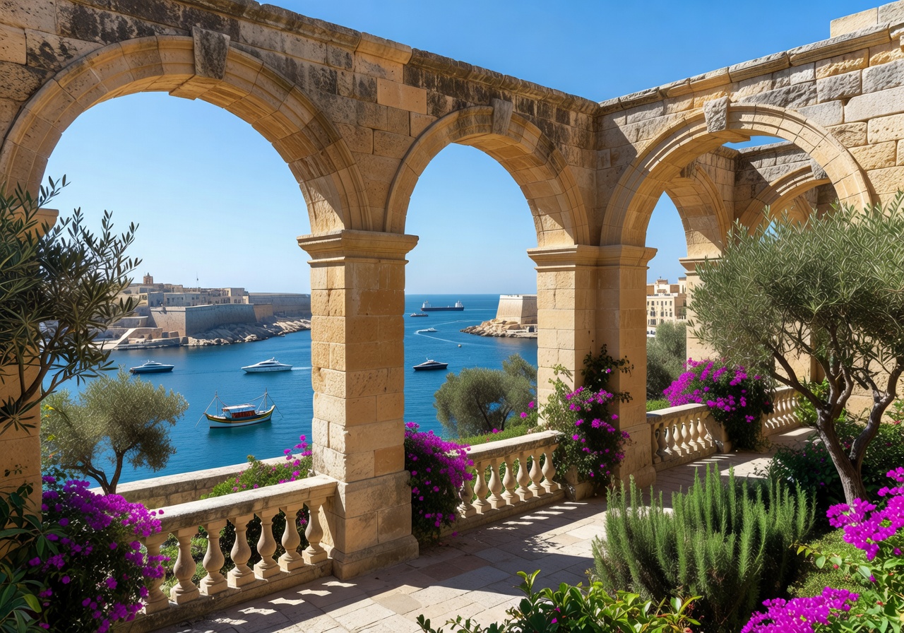 Upper Barrakka Gardens in Valletta with historic arches overlooking the Grand Harbour