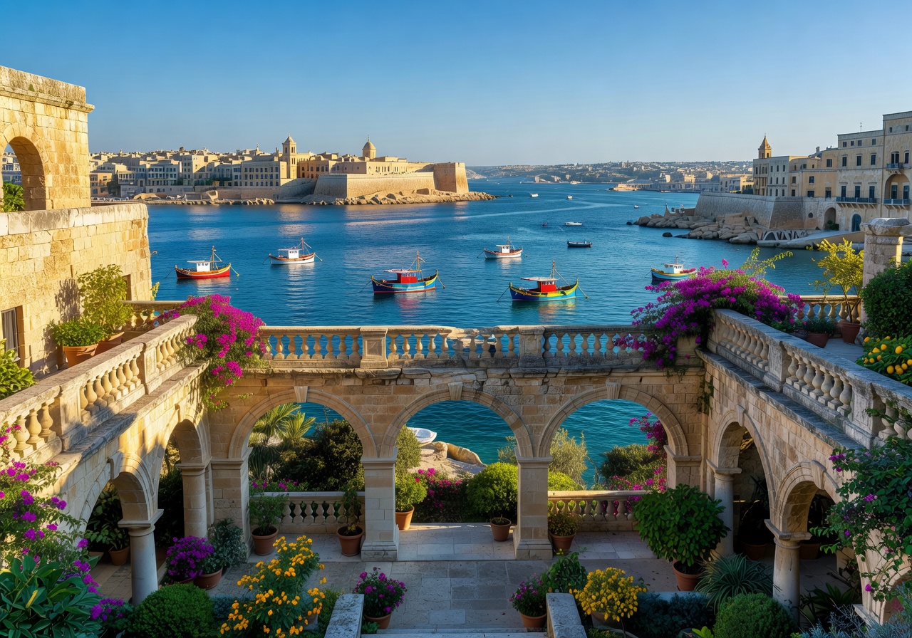 Upper Barrakka Gardens overlooking the Grand Harbour with blue Mediterranean waters