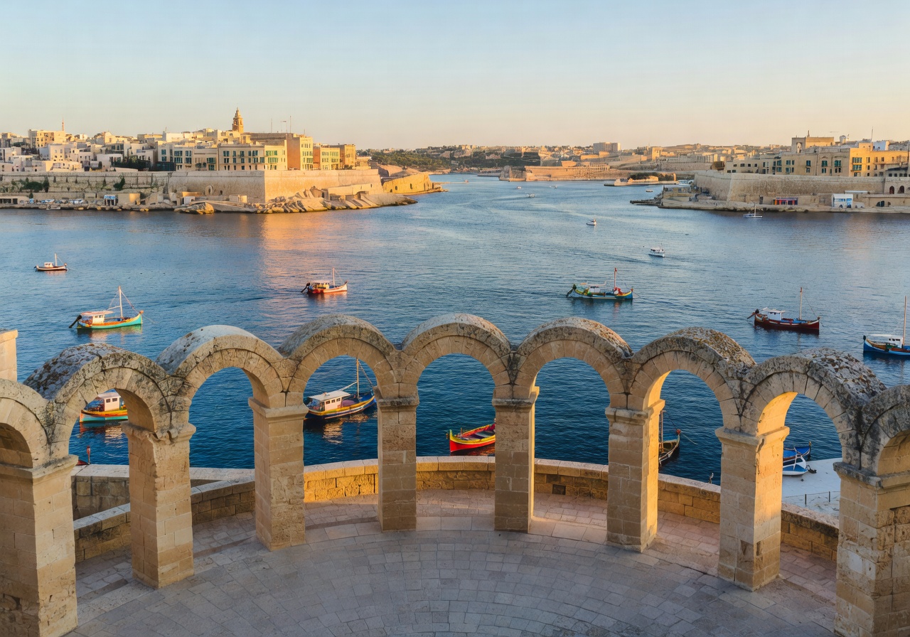 Upper Barrakka Gardens panoramic view showing historic stone arches and the Grand Harbour with boats below