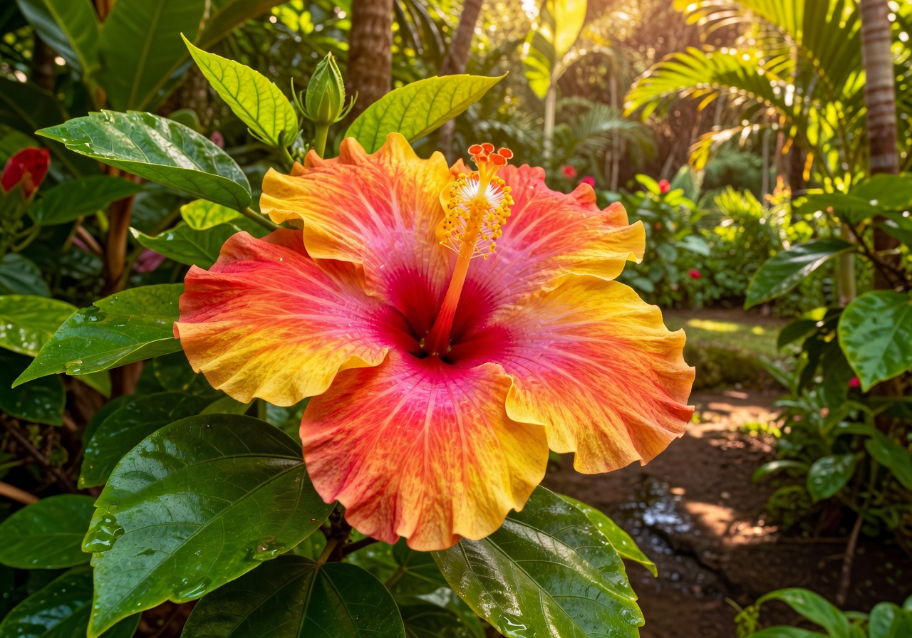 Vibrant tropical flower close-up in San Anton botanical garden collection